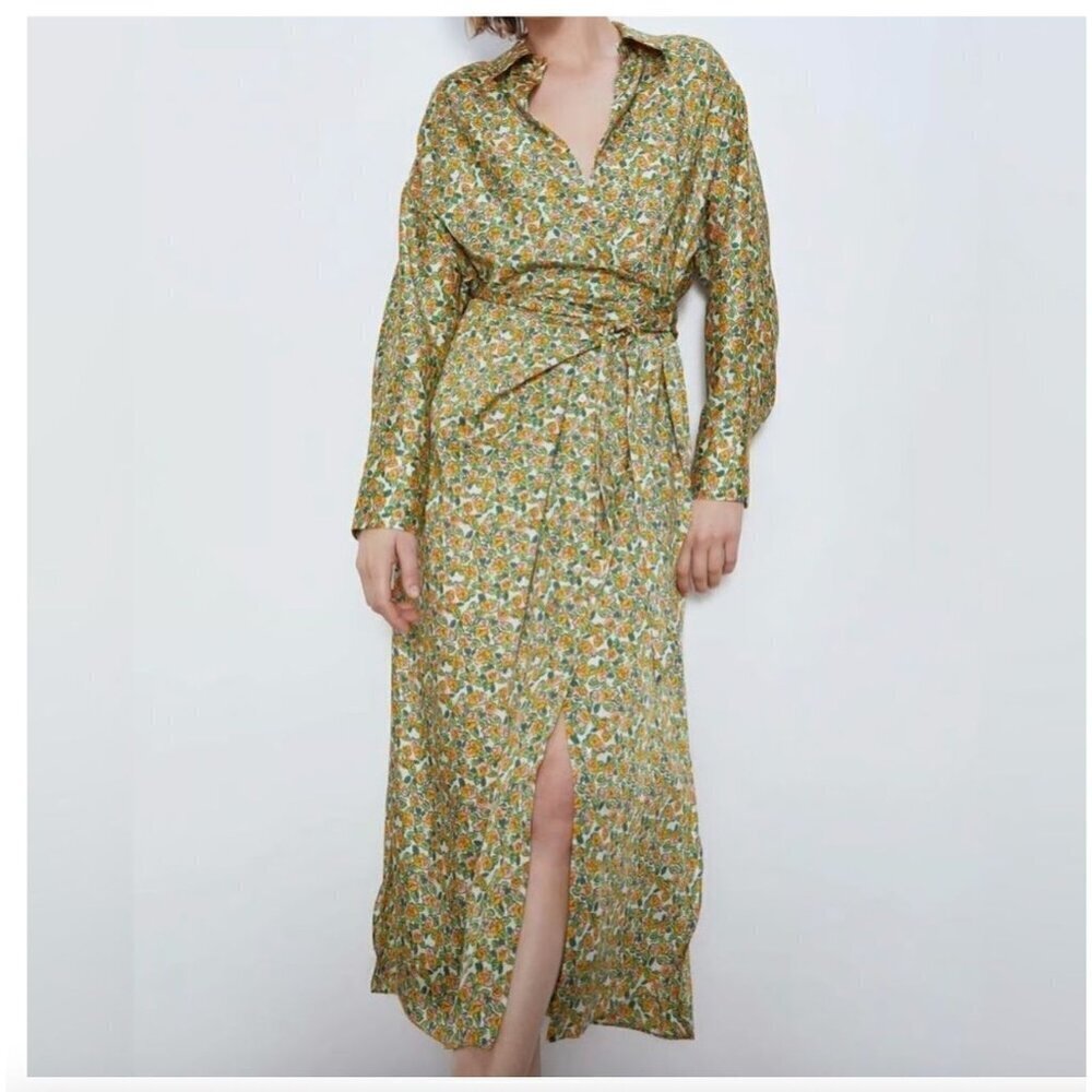 Zara Floral Wrap Shirt Midi Dress Green Orange Medium